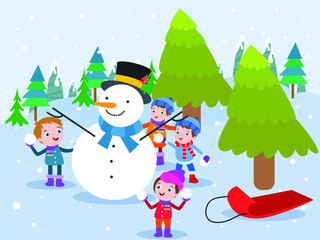 Winter vector concept. Group of happy kids playing snowball fight while hiding behind a snowman and standing in the snowy park