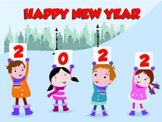 New year vector concept. Group of happy kids holding 2022 numbers while standing at snowy park with happy new year text