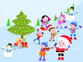 Christmas vector concept. Group of happy kids singing christmas carol with santa claus while dancing together in the snowy park