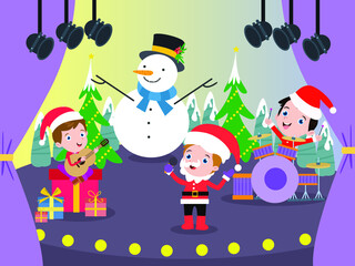 Fototapeta na wymiar Christmas vector concept. Group of cute little boy wearing Santa costume while singing christmas carol together in the musical concert