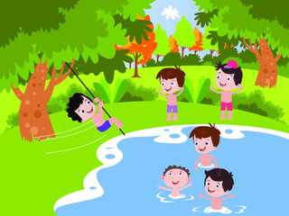 Outdoors game vector concept. Group of happy children playing water on the river while enjoying leisure time together