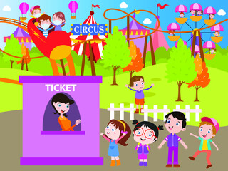 Group of cute kids queuing for buying entrance ticket amusement park while enjoying leisure time