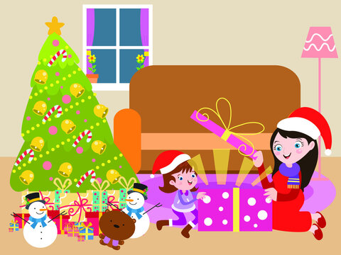 Christmas vector concept. Happy little girl opening a shining Christmas gift with her mother while sitting near the Christmas tree in the living room