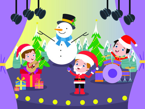 Christmas vector concept. Group of cute little boy wearing Santa costume while singing christmas carol together in the musical concert