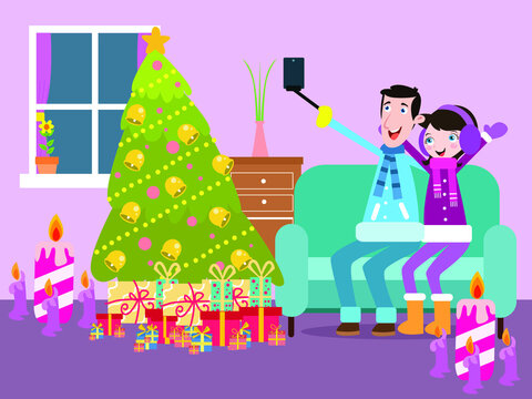 Christmas vector concept. Happy young couple wearing winter clothes while taking selfie photo and sitting on the sofa near the Christmas tree at home