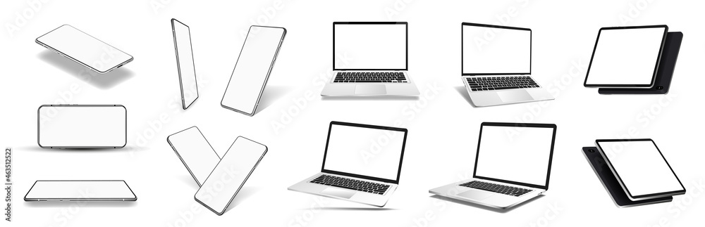 Aufkleber Mock-ups gadgets set - laptop, smartphone, tablet and notebook in perspective and isometric positions with blank screen. 3D Mockup Laptop for presentation. Axonometric view of the device. Vector set
