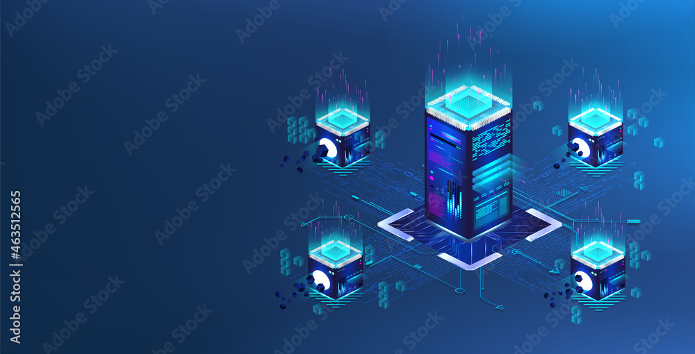 Fototapete Big data center in processing, server room, cloud database in isometric view. Blockchain concept. Informative blocks, users within the network with the flow of information. Block chain and big data