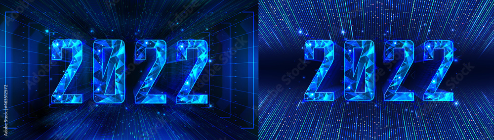 Aufkleber 3D numbers 2022 with polygonal effect on blue futuristic cyberspace. Happy New Year concept. Modern technology banner background with 2022 numbers. New Year in hi-tech style. Futuristic banner. Vector