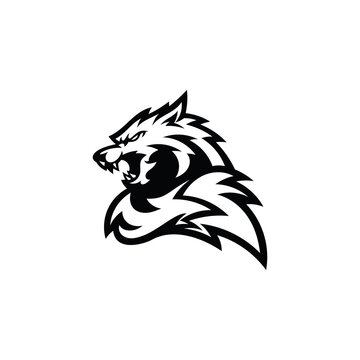Angry wolf or fox head tail outline silhouette illustration logo icon in black and white color