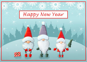 Holiday cards with Christmas gnomes. New Year's illustration.