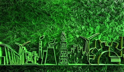 Energy and power icons set with green grass