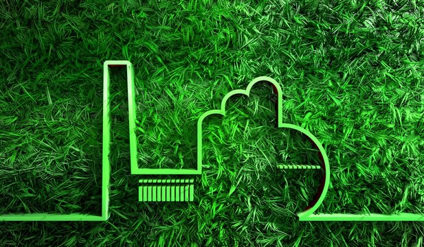 3d green grass covered abstract factory icon