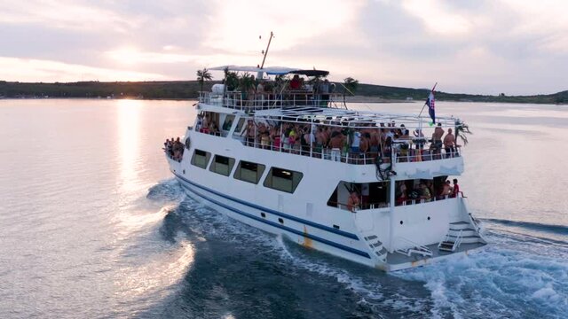 Aerial View Of The Novalja Party Boat Full Of Tourists In Zrce Beach In Pag Island, Croatia.