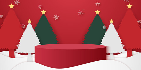 Red cylinder podium on snow with Christmas trees and snowflakes falling, template mockup for event in paper art