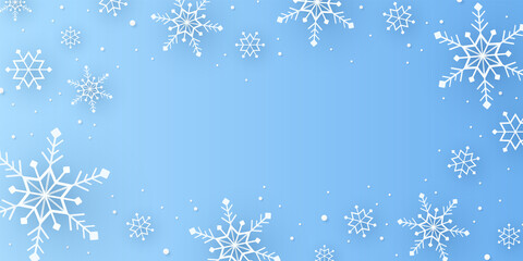 Merry Christmas, snowflakes and snowfall background in paper art style