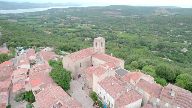 Aerial, orbit view of the Gassin village from south of France