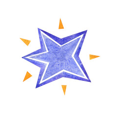 Watercolor blue star snowflake isolated element with yellow sparks