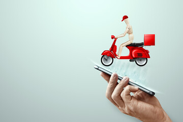 Delivery of parcels by scooter, online orders. Online delivery service concept, order tracking. Illustration.