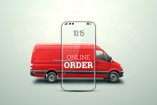 Smartphone and red minibus on a light background. Delivery concept, online ordering, phone application, moving. Delivery by car to anywhere. 3D illustration, 3D render