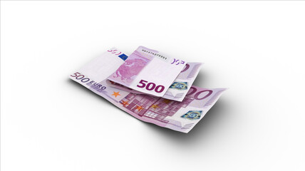 3D rendering of Double 500 Euro notes with shadows on white background