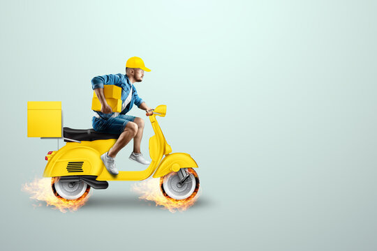 Fast food delivery man on a green scooter. Delivery concept, online order, food delivery, last mile, banner, template. 3D illustration, 3D render