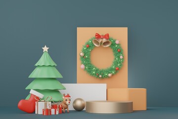3d Display Podium for product and cosmetic presentation with Merry Christmas and Happy new year concept. Modern geometric. Platform for mock up and showing brand. Minimal clean design.