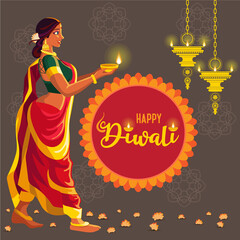 Beautiful Girl with bright Diwali Lamp