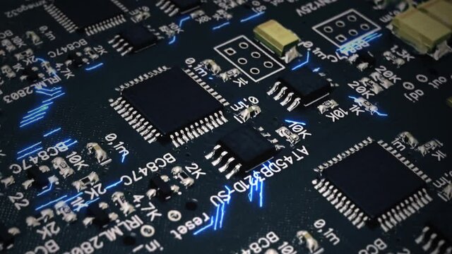 Visualization of the concept of advanced technologies.  A processor chip on a printed circuit board sends digital data and calculations to electronic networks using a microprocessor. Lines move data.