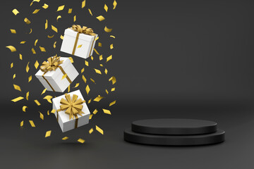 Gift box and gold ribbon next to the podium for displaying products black background.