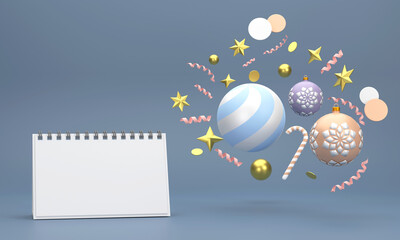 calendar on festive celebrations for christmas and new year party christmas balls ribbons gift boxes on red background