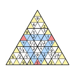 Colorful triangle sudoku game for children vector illustration. Complete number puzzle - place 1-9 numbers in each yellow and blue lines and big triangle just once vector