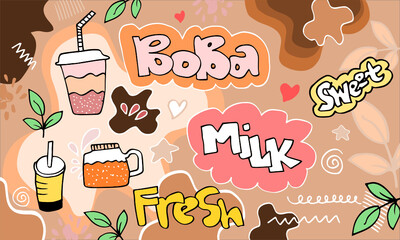 Bubble milk tea Special Promotions design, Boba milk tea, Pearl milk tea , Yummy drinks, coffees and soft drinks with logo and doodle style advertisement banner. Vector illustration.