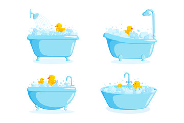 Bathtub with faucet and shower equipment. Set of different tubs with rubber ducks, bubbles and suds isolated on white background. Vector illustration in cartoon style