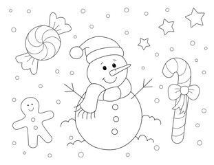 christmas snowman coloring page for kids with a candy cane, stars and more shapes to color. you can print it on standard 8.5x11 inch page