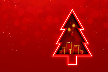Merry christmas and happy new year concept. Background shelf christmas tree shape with gift box and decorate element on red background. 3d rendering