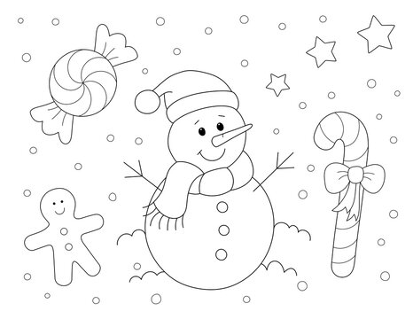 christmas snowman coloring page for kids with a candy cane, stars and more shapes to color. you can print it on standard 8.5x11 inch page