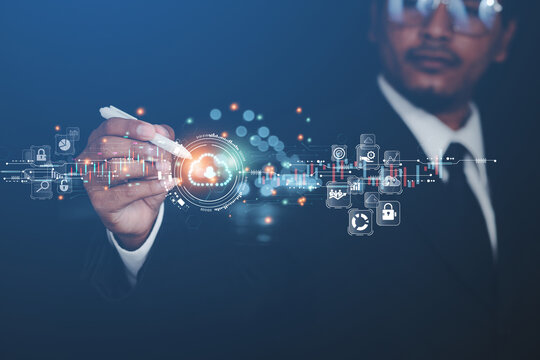 Business man targets innovations in the automated cloud storage industry. technology information optimization concept