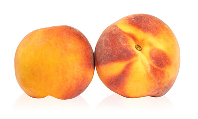 Two peaches isolated on a white background.Ripe, juicy fruits on a white background.They are used for labels, banners and web design.