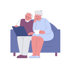 Elderly couple with laptop on the couch. Vector illustration in a flat style.