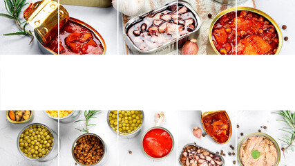 Collage of Various canned vegetables, fish and peas in aluminum cans.