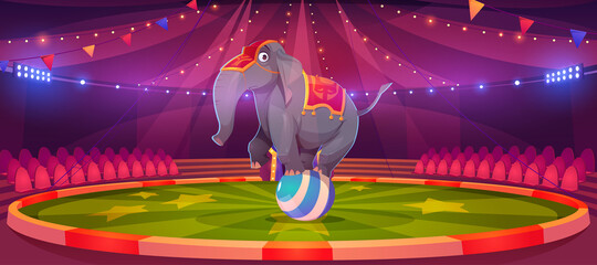 Circus elephant stand on ball at big top tent arena with garlands. Carnival entertainment with wild animal acrobat performing on stage, funfair amusement park magic show, Cartoon vector illustration