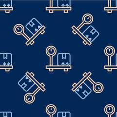 Fototapeta na wymiar Line Scale with cardboard box icon isolated seamless pattern on blue background. Logistic and delivery. Weight of delivery package on a scale. Vector