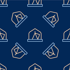 Line Tourist tent icon isolated seamless pattern on blue background. Camping symbol. Vector