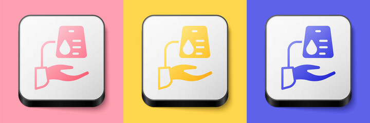 Isometric Blood donation icon isolated on pink, yellow and blue background. Square button. Vector