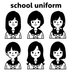人物イラストセット_女子高生_モノトーン