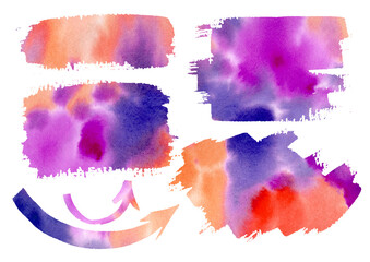 Multicolor Watercolor design elements. Watercolour gradient colorful Arrows and Frames freehand drawing. Multicolored Set orange, red, purple and violet Arrow, frame, logo, ribbon, element on white