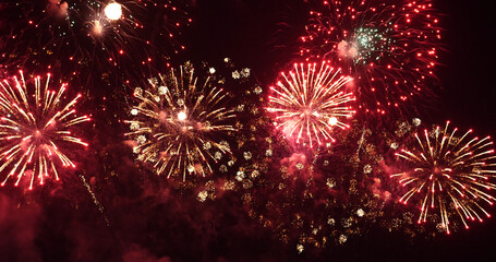 Red Firework celebrate anniversary happy new year 2022, 4th of july holiday festival. red firework in night time celebrate national holiday. Countdown to new year 2022 festival party time event