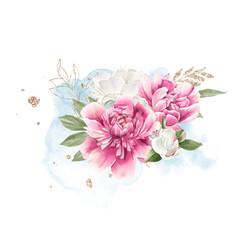 Set of delicate red and white peonies. Watercolor illustration