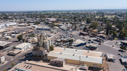 Daytime aerial view of the industrial core of downtown Turlock, California, USA.
