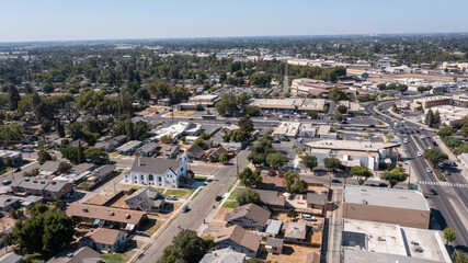 Fototapeta na wymiar Daytime aerial view of the urban core of downtown Turlock, California, USA.